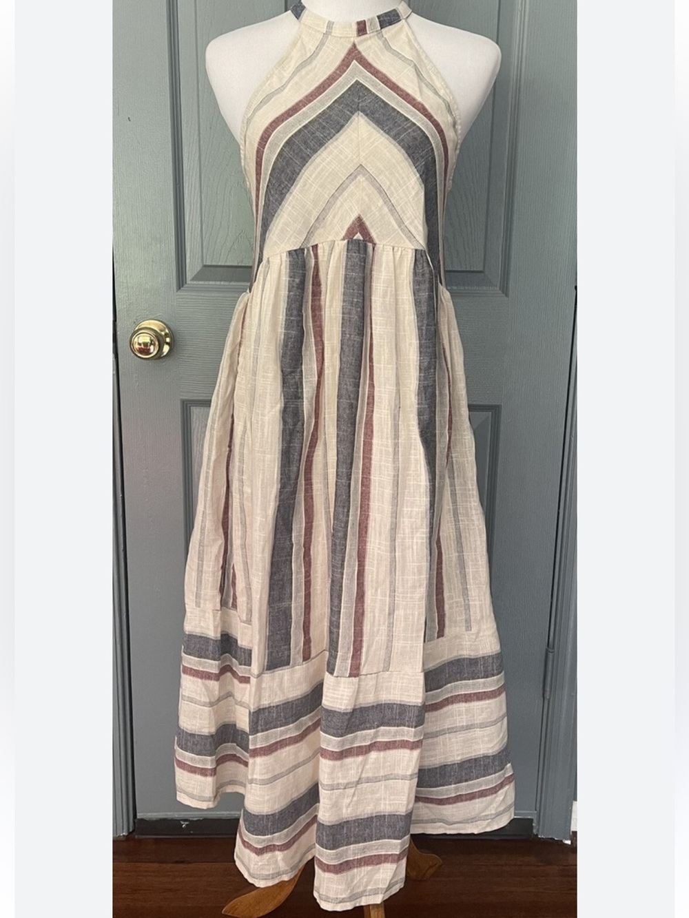 Listicle Halter Maxi Dress in Cream, Blue & Brown Stripe